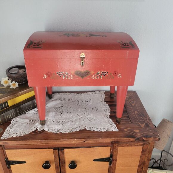 Other - Vintage Pennsylvania Dutch Stenciled Heart Wooden Chest Box Folk Art 14.5” FLAW